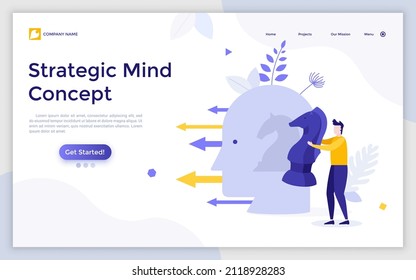 Landing page template with human head and man holding knight chess piece. Concept of strategic mind, thinking, planning of strategy, tactics development, intelligence. Modern flat vector illustration.