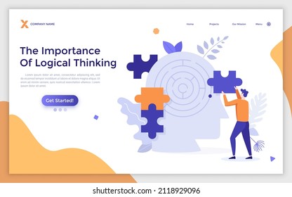 Landing page template with human head with maze inside, man assembling jigsaw puzzle. Concept of logical thinking, intelligence, mental capacity, mind game. Modern flat colorful vector illustration.