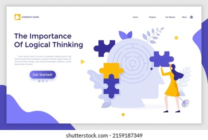 Landing page template with human head with maze inside, woman assembling jigsaw puzzle. Concept of logical thinking, intelligence, mental capacity, mind game. Modern flat colorful vector illustration.