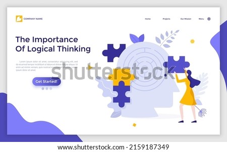 Landing page template with human head with maze inside, woman assembling jigsaw puzzle. Concept of logical thinking, intelligence, mental capacity, mind game. Modern flat colorful vector illustration.