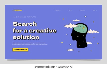 A landing page template with a human profile inside which is a bright, starry space, a metaphor for creativity, the search for a non-standard solution.