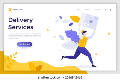 Landing page template with hurrying courier carrying parcel or package. Concept of express delivery, mail shipping, fast postal service, shipment tracking. Modern flat vector illustration for webpage.