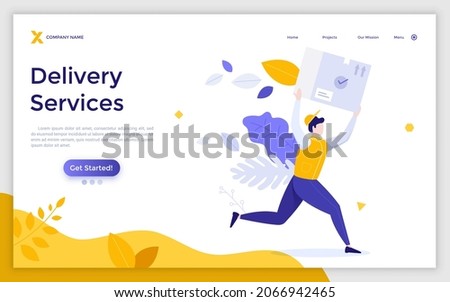 Landing page template with hurrying courier carrying parcel or package. Concept of express delivery, mail shipping, fast postal service, shipment tracking. Modern flat vector illustration for webpage.