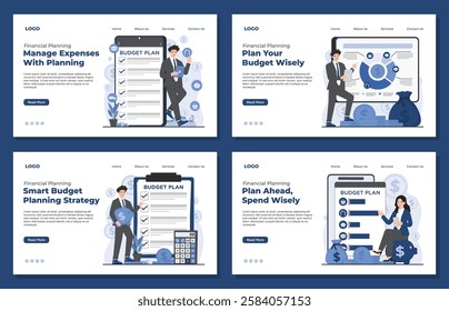 Landing page template illustrating budget planning concept financial plan management, and smart money saving strategies