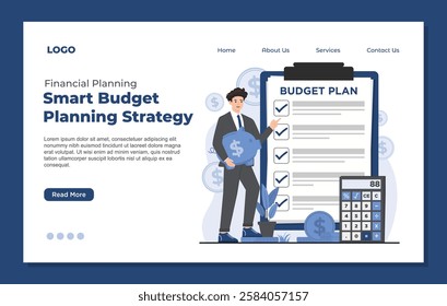 Landing page template illustrating budget planning concept financial plan management, and smart money saving strategies
