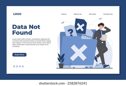 Landing page template illustrating no data concept missing files, no search results found in a system data not available illustration