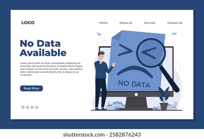 Landing page template illustrating no data concept missing files, no search results found in a system data not available illustration