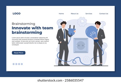 Landing page template illustrating team brainstorming concept idea generation, and creative inspiration business project teamwork