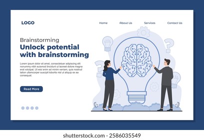 Landing page template illustrating team brainstorming concept idea generation, and creative inspiration business project teamwork