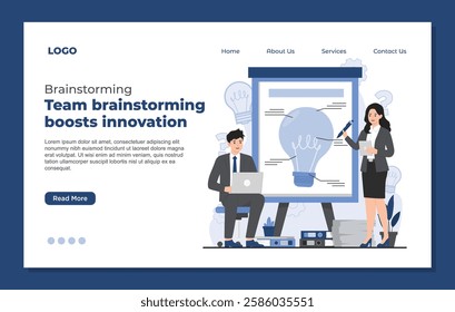 Landing page template illustrating team brainstorming concept idea generation, and creative inspiration business project teamwork