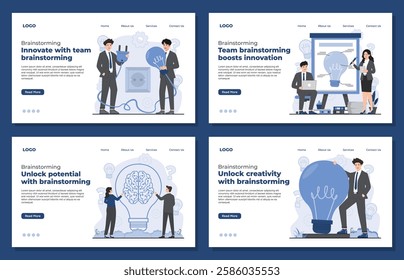 Landing page template illustrating team brainstorming concept idea generation, and creative inspiration business project teamwork