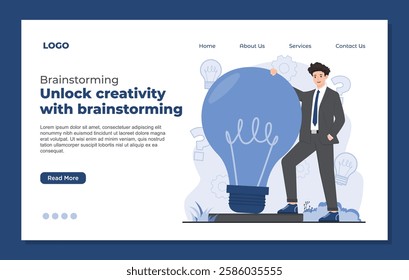 Landing page template illustrating team brainstorming concept idea generation, and creative inspiration business project teamwork