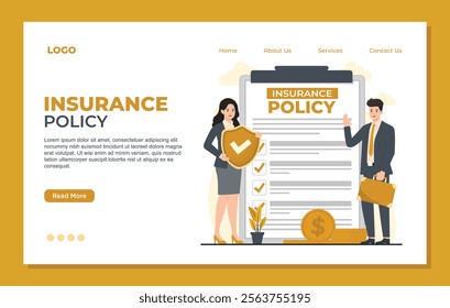 Landing page template illustrating wealth protection through insurance, featuring a businessman under an umbrella, a shield, coins, and a money bag, highlighting financial planning and wealth 