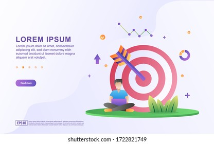 Landing page template with illustration of a businessman targeting his achievements