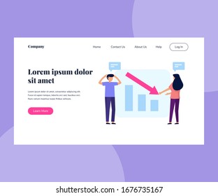 Landing page template with Illustration of couple people evaluate of decreased statistic for your website, mobile app or any purpose