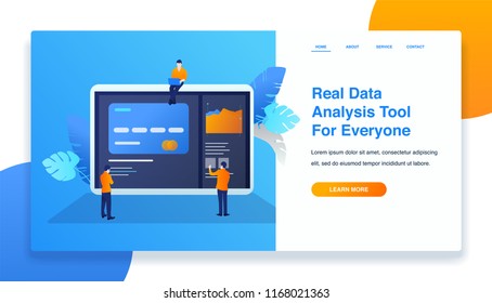 Landing page template illustration of data analysis mobile. 3d isometric