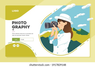 landing page template illustration with young women illustration taking a picture of mountain using digital camera, nature photography website template illustration