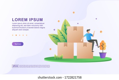 Landing page template with illustrations of goods distribution or storage warehouse