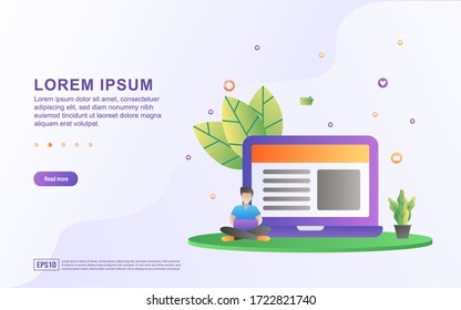 Landing page template with illustrations of people reading a blog article or accessing a website