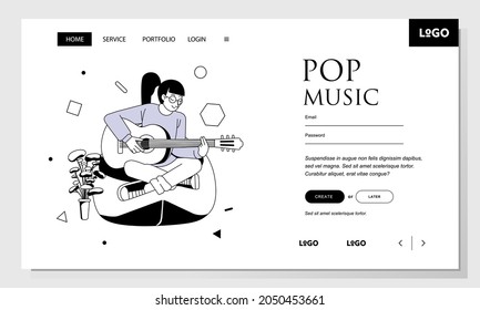 landing page template image vector illustration of women sitting on the bean bag and playing guitar in line art style image. used for landing page image, website banner and other