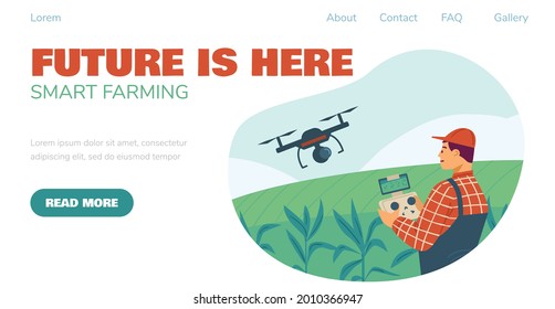 Landing page template with info about smart farming and application of drone technology in agriculture. Farmer with tablet in hands controls a uav over an agricultural field. Vector