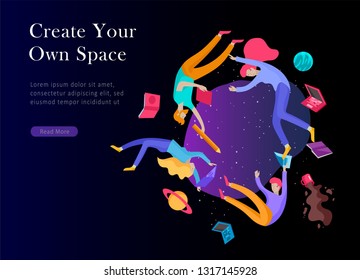 landing page template. Inspired People flying. Create your own spase. Character moving and floating in dreams, imagination and freedom inspiration design work. Flat design style
