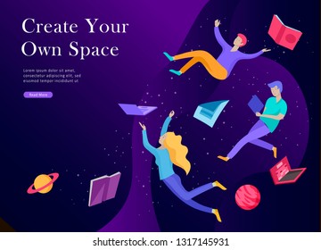 landing page template. Inspired People flying. Create your own spase. Character moving and floating in dreams, imagination and freedom inspiration design work. Flat design style