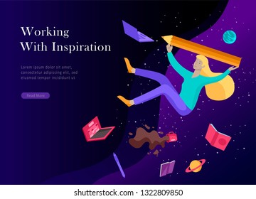 landing page template. Inspired People flying. Create your own spase. Character moving and floating in dreams, imagination and freedom inspiration design work. Flat design style
