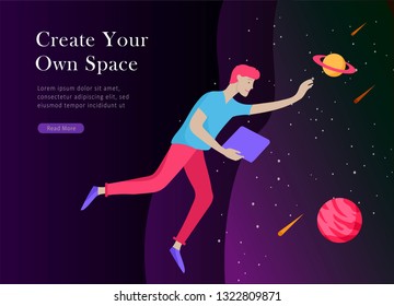 landing page template. Inspired People flying. Create your own spase. Character moving and floating in dreams, imagination and freedom inspiration design work. Flat design style