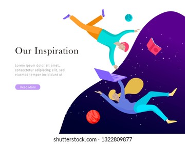 landing page template. Inspired People flying. Create your own spase. Character moving and floating in dreams, imagination and freedom inspiration design work. Flat design style