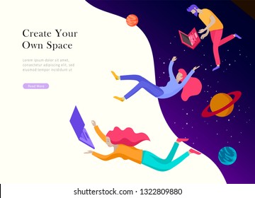 landing page template. Inspired People flying. Create your own spase. Character moving and floating in dreams, imagination and freedom inspiration design work. Flat design style