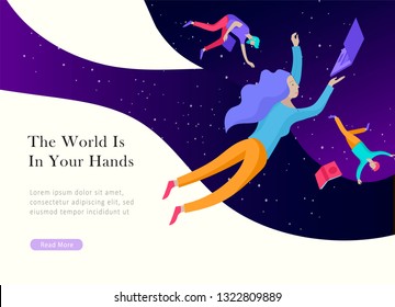 landing page template. Inspired People flying. Create your own spase. Character moving and floating in dreams, imagination and freedom inspiration design work. Flat design style