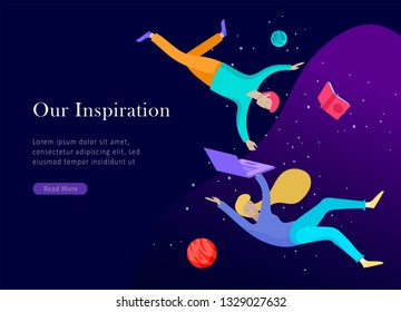 landing page template. Inspired People flying. Create your own spase. Character moving and floating in dreams, imagination and freedom inspiration design work. Flat design style