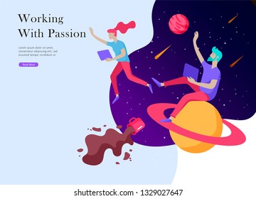 landing page template. Inspired People flying. Create your own spase. Character moving and floating in dreams, imagination and freedom inspiration design work. Flat design style