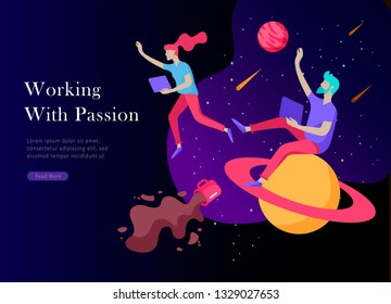 landing page template. Inspired People flying. Create your own spase. Character moving and floating in dreams, imagination and freedom inspiration design work. Flat design style