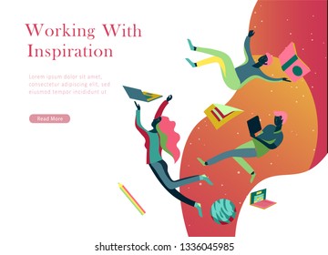 landing page template. Inspired People flying. Create your own spase. Character moving and floating in dreams, imagination and freedom inspiration design work. Flat design style