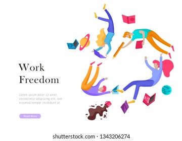 landing page template. Inspired People flying. Create your own spase. Character moving and floating in dreams, imagination and freedom inspiration design work. Flat design style