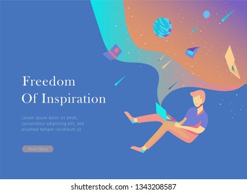 landing page template. Inspired People flying. Create your own spase. Character moving and floating in dreams, imagination and freedom inspiration design work. Flat design style