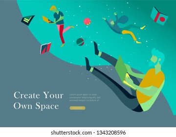 landing page template. Inspired People flying. Create your own spase. Character moving and floating in dreams, imagination and freedom inspiration design work. Flat design style