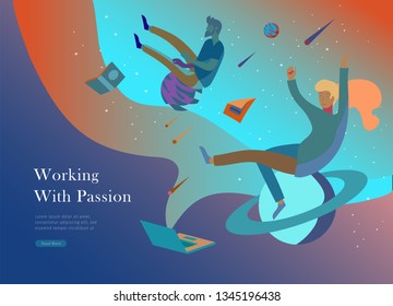 landing page template. Inspired People flying. Create your own spase. Character moving and floating in dreams, imagination and freedom inspiration design work. Flat design style