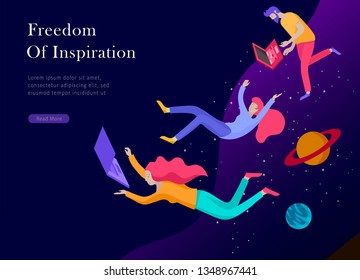 landing page template. Inspired People flying. Create your own spase. Character moving and floating in dreams, imagination and freedom inspiration design work. Flat design style