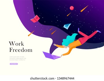 landing page template. Inspired People flying. Create your own spase. Character moving and floating in dreams, imagination and freedom inspiration design work. Flat design style