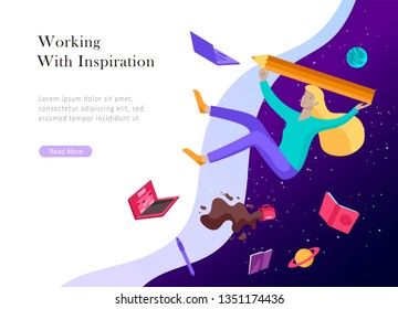 landing page template. Inspired People flying. Create your own spase. Character moving and floating in dreams, imagination and freedom inspiration design work. Flat design style