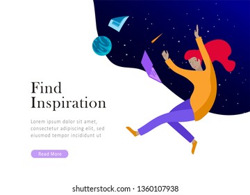 landing page template. Inspired People flying. Create your own spase. Character moving and floating in dreams, imagination and freedom inspiration design work. Flat design style