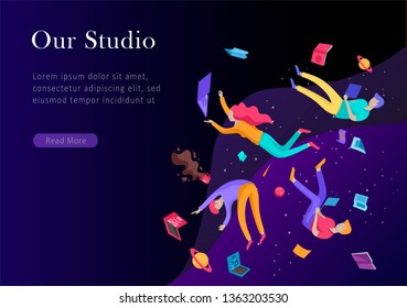 landing page template. Inspired People flying. Create your own spase. Character moving and floating in dreams, imagination and freedom inspiration design work. Flat design style