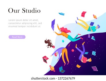 landing page template. Inspired People flying. Create your own spase. Character moving and floating in dreams, imagination and freedom inspiration design work. Flat design style