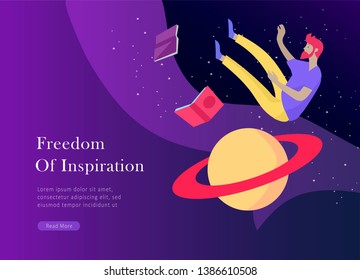 landing page template. Inspired People flying. Create your own spase. Character moving and floating in dreams, imagination and freedom inspiration design work. Flat design style