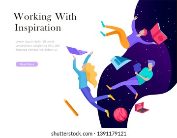 landing page template. Inspired People flying. Create your own spase. Character moving and floating in dreams, imagination and freedom inspiration design work. Flat design style