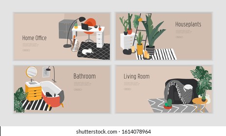 Landing page template for interior design. Hand drawn scandinavian cozy style bathroom, home office and living room. Nordic style interiors with homeplants. Cartoon vector illustration