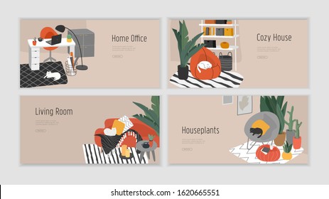 Landing page template for interior design. Hand drawn scandinavian cozy style bathroom, home office and living room. Nordic style interiors with homeplants. Cartoon vector illustration